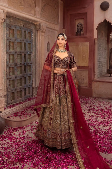 Rich Maroon Bridal Lehenga with Olive Contrast  Paired with Choli Cut Blouse and Dupatta