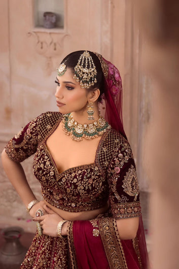 Rich Maroon Bridal Lehenga with Olive Contrast  Paired with Choli Cut Blouse and Dupatta