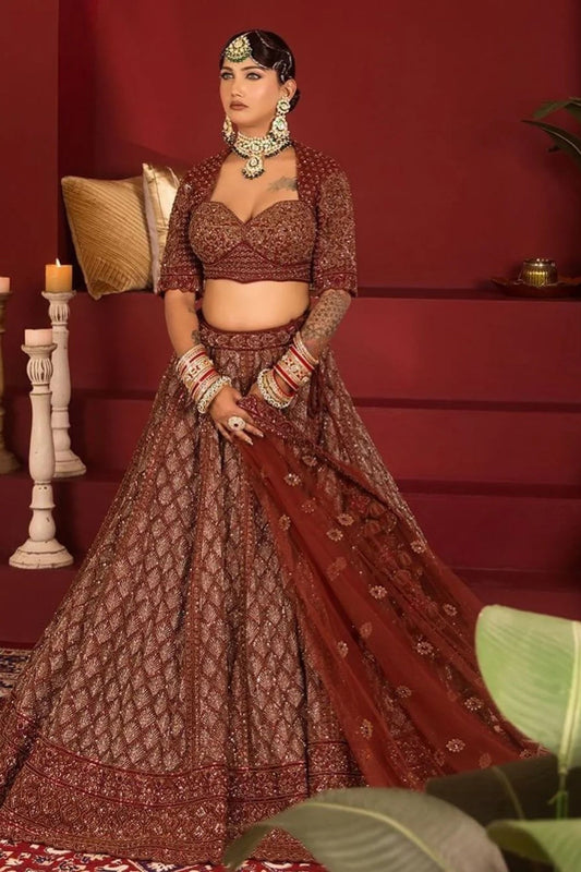 Maroon Heavy Flared Bridal Lehenga with Choli Cut Blouse Adorned with Merging Craftsmanship and Dupatta