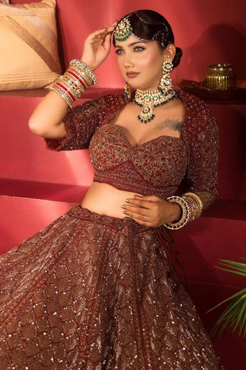 Maroon Heavy Flared Bridal Lehenga with Choli Cut Blouse Adorned with Merging Craftsmanship and Dupatta