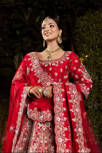 Turkey Red Hand Stitched Lehenga with Long Top and Dupatta