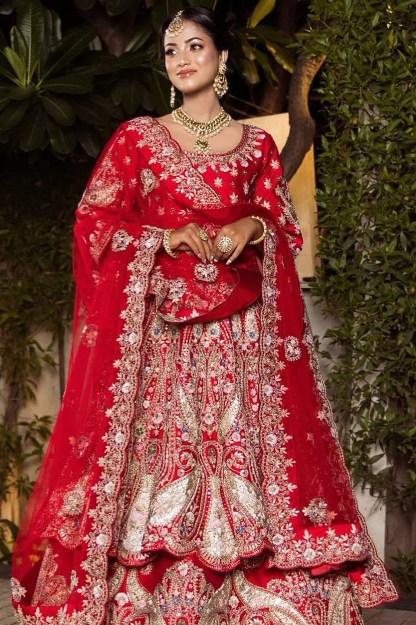 Turkey Red Hand Stitched Lehenga with Long Top and Dupatta