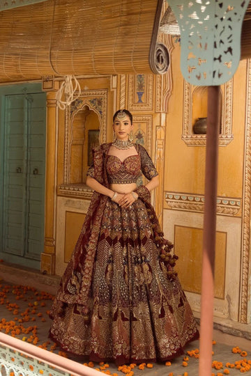 Stunning Maroon Hand Stitched Bridal Lehenga with Choli Cut Blouse and Elegant Hangings