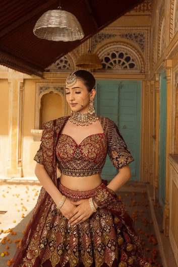 Stunning Maroon Hand Stitched Bridal Lehenga with Choli Cut Blouse and Elegant Hangings