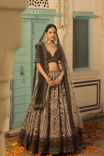 Ivory and Mehendi Hued Bridal lehenga with Resham Work Paired with Micro Blouse, Odhani and Bubble Net Dupatta.