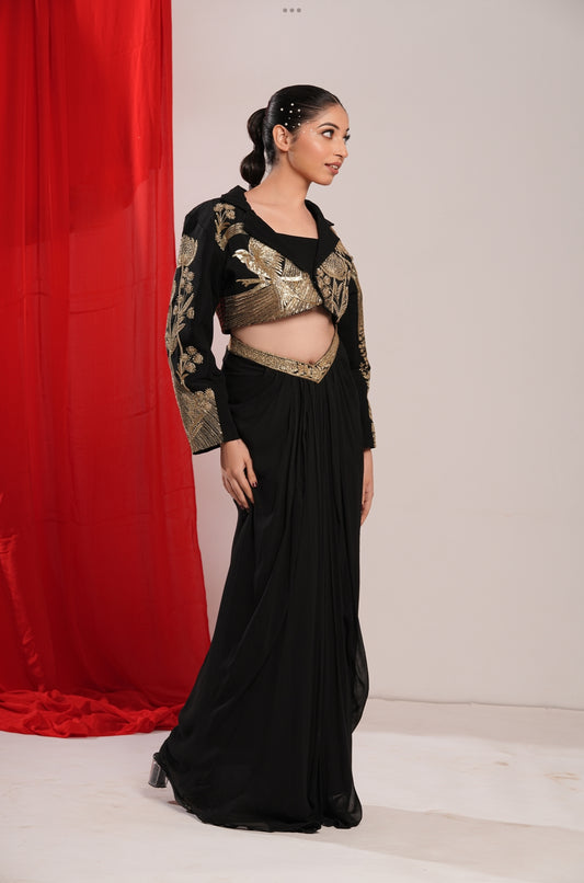 Black Indo Western Shrug with Golden Sequin and Pleated Skirt