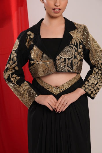 Black Indo Western Shrug with Golden Sequin and Pleated Skirt