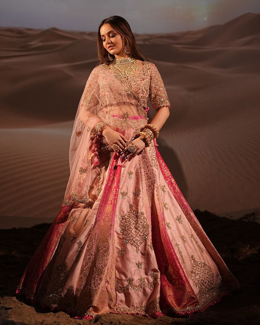 Banarasi Peach and Hot Pink Hand Stitched Lehenga with Crop Top and Dupatta