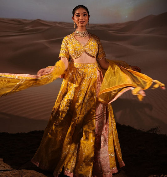 Mustard Banarasi Lehenga with Gota Work, Paired with Choli and Dupatta