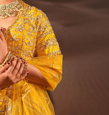 Mustard Banarasi Lehenga with Gota Work, Paired with Choli and Dupatta