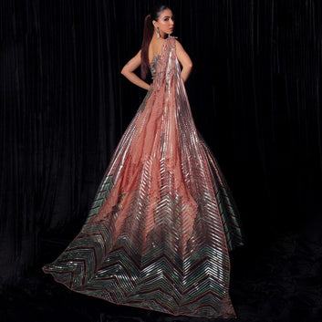 Metallic Diagonal Leather Crafting on Flared Lehenga  Paired with Applique Embellished Top and attachable duappata