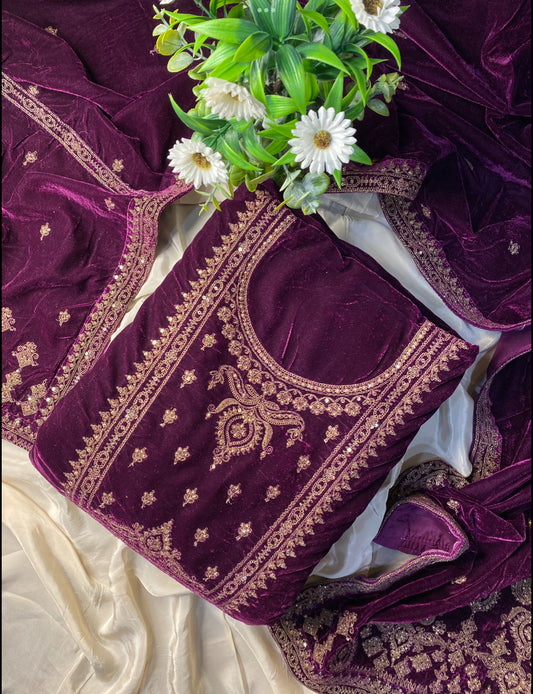 Bright Purple Pakistani Micro Velvet Suit with Golden Embroidery & Velvet Dupatta