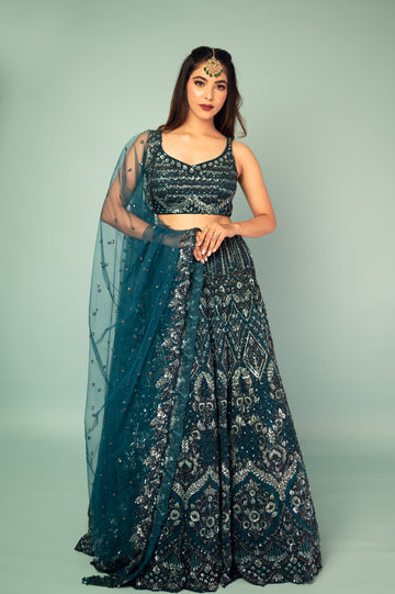 Royal Blue Hued Embroided Lehenga Choli With Dupatta