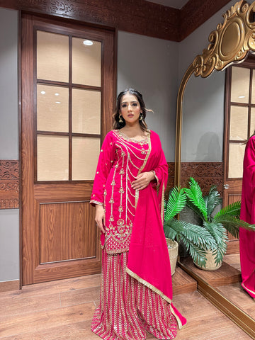 Fluorescent Hot Pink Garara Suit with Zarkan and Nalki Work