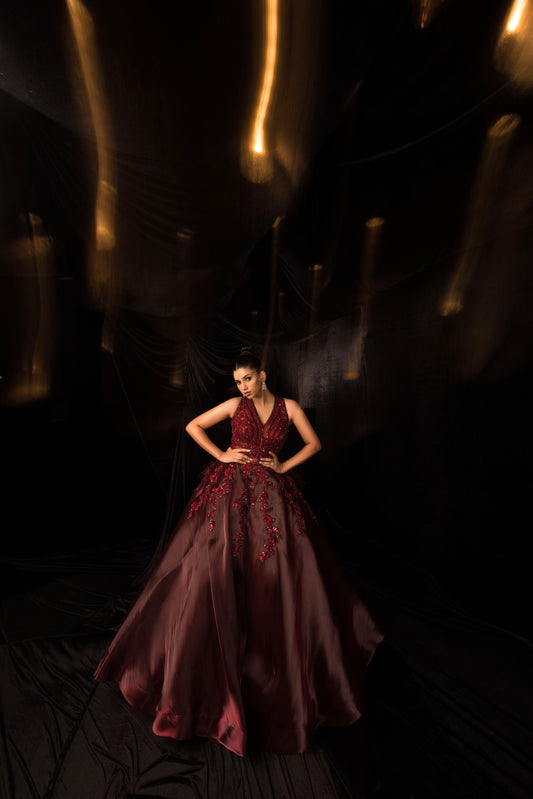 Maroon Monochromatic Hand Embroided gown