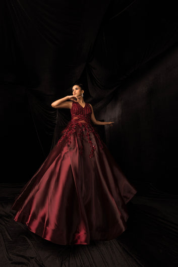 Maroon Monochromatic Hand Embroided gown