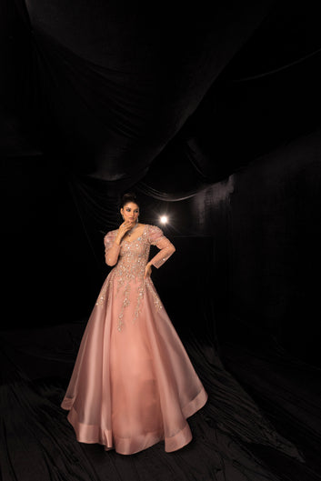 Pink Embroided Gown with Designer Sleeves