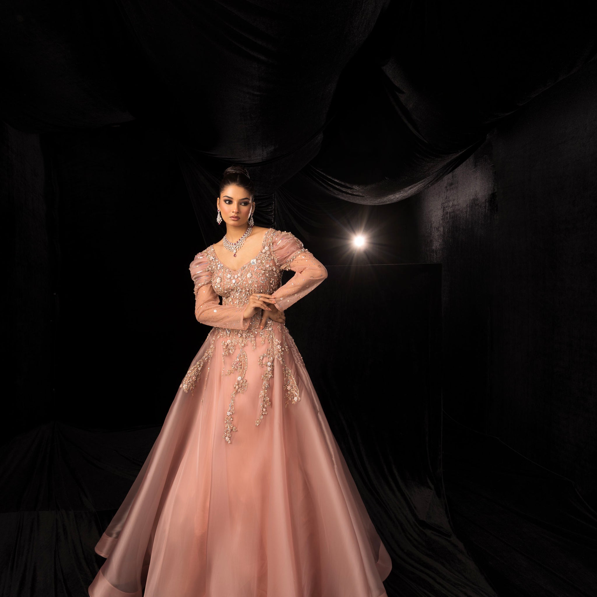 Pink Embroided Gown with Designer Sleeves