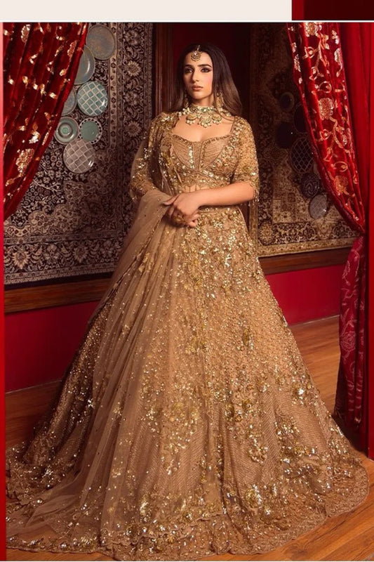 Handcrafted Golden Monochromatic Lehenga with Blouse and Dupatta