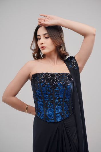 Black Corset Saree With Royal Blue Floral 3D Blouse