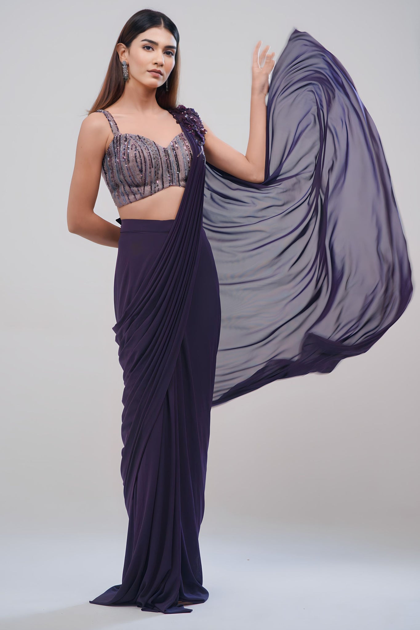 Subtle Glam Drape Saree with Hand stitched Onion Coloured Sequined Blouse