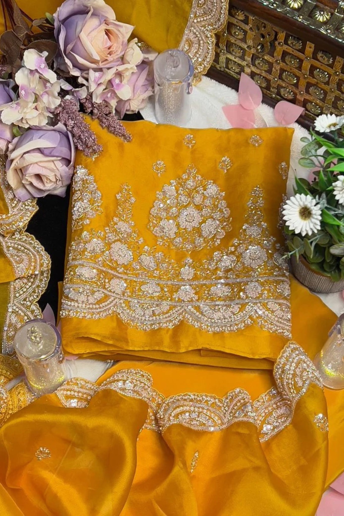 Mango Hued Unstitched Party Wear Suit with Scalloped Dupatta