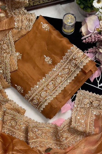 Rusty Tan Handcrafted Unstitched Party Wear Suit