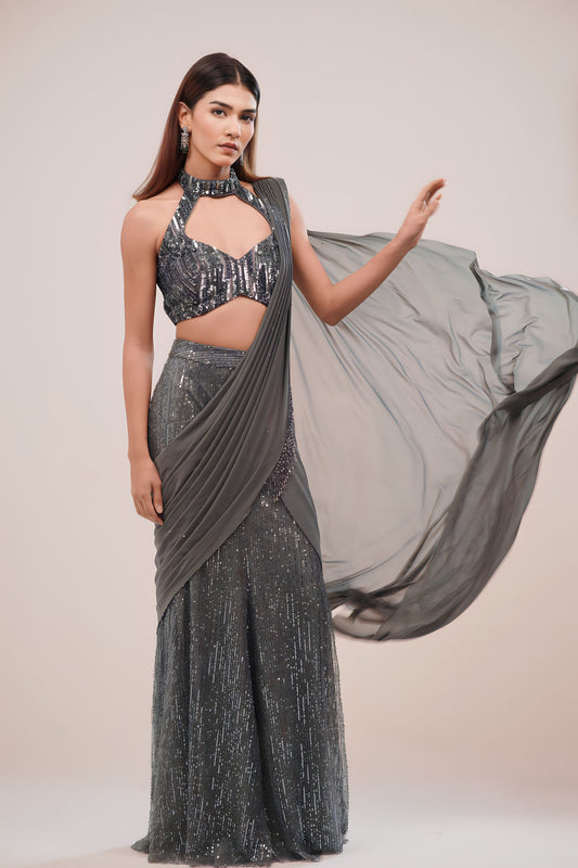 Grey Indo Western Sequin Drape Saree with Halter Neck Blouse