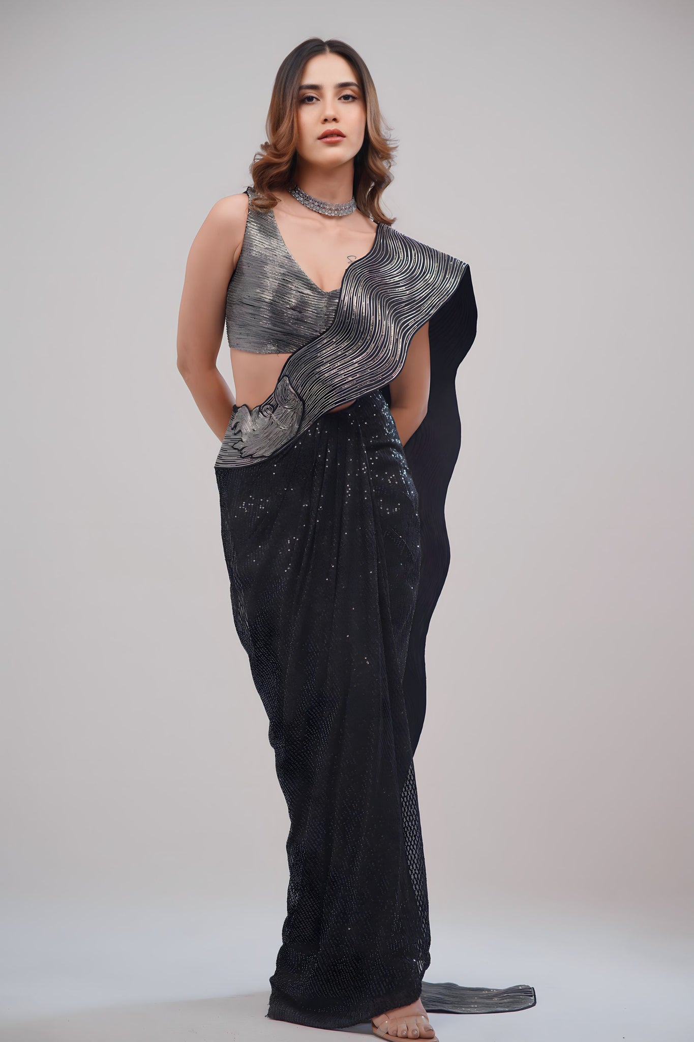 Black Indo Western Saree With Leather Crafting & Sequin Fabric