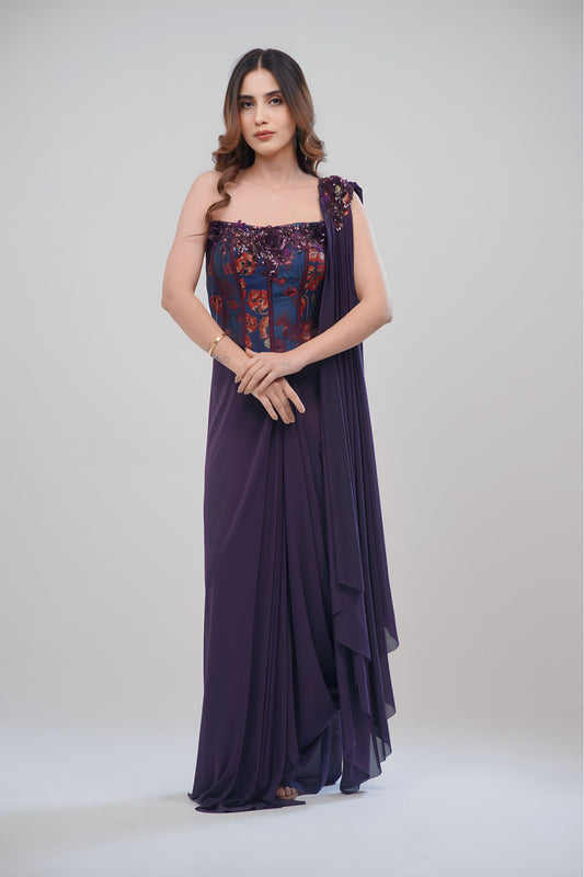 Elegant Purple Corset Saree with Intricate 3D Floral Work