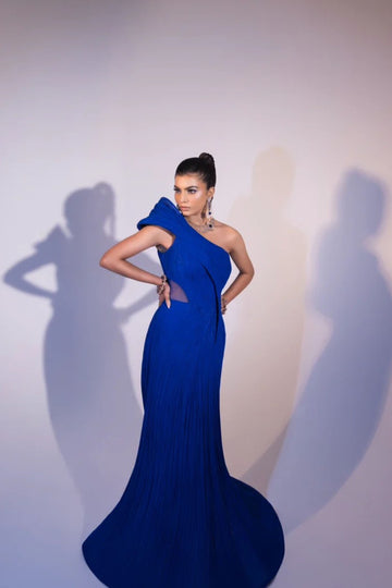 Cobalt blue exaggerated shoulder sculpted gown