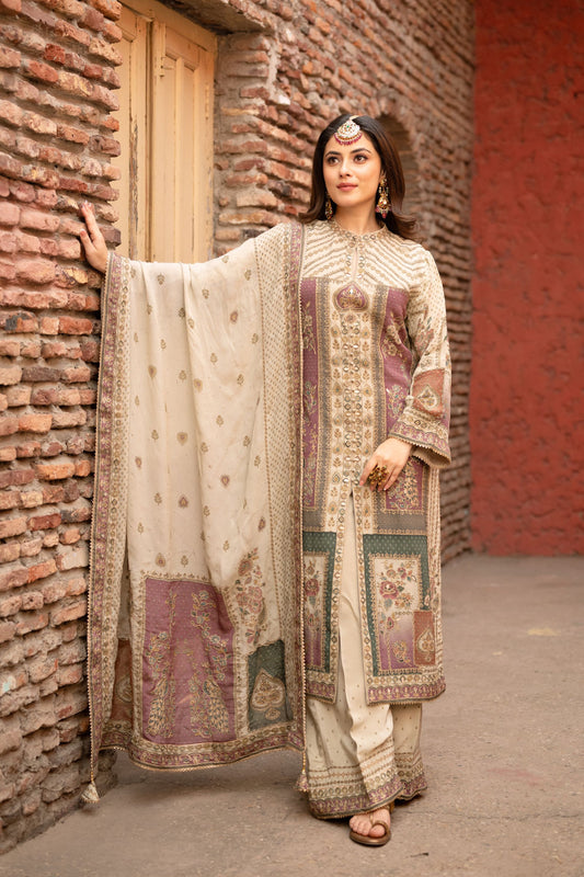 Elegant Cream Beige Pakistani Suit with Sleek Digital Prints Golden Highlights & Odhani  Dupatta