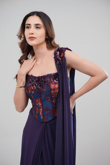 Elegant Purple Corset Saree with Intricate 3D Floral Work