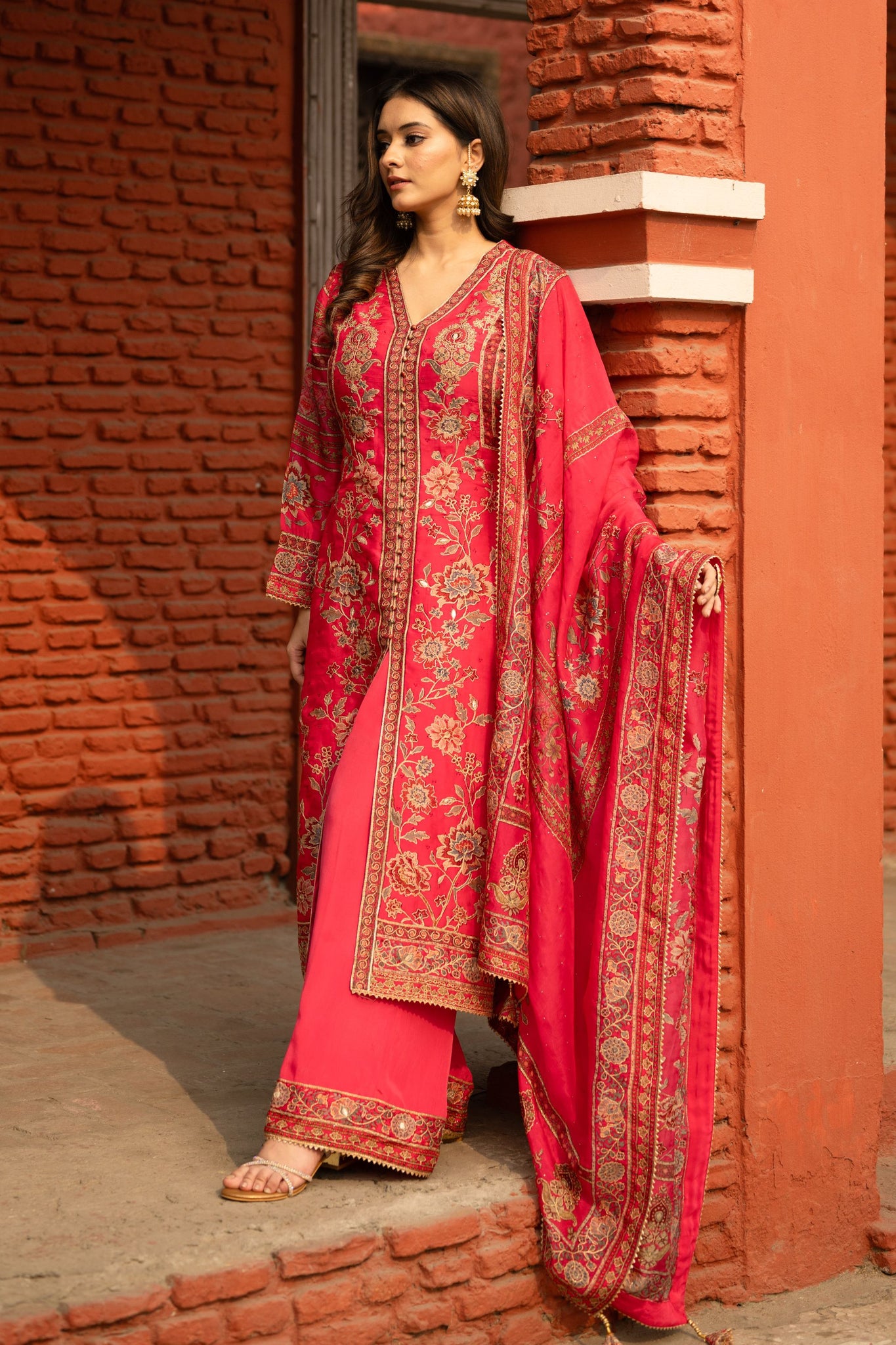 Hot Pink Achkan Style Plazo Suit With Odhani Dupatta