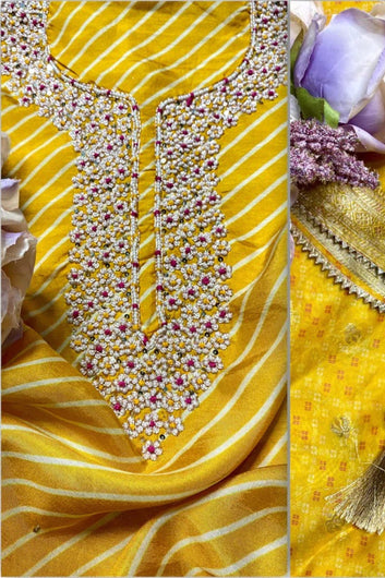 Silk Leheriya Unstitched Suit with Handcrafted Neck & Banarasi Dupatta