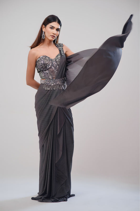 Metallic Gray Saree With Hand - Stitched Blouse and Embroided Belt