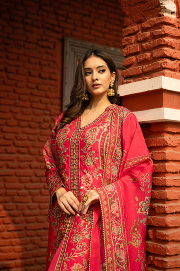 Hot Pink Achkan Style Plazo Suit With Odhani Dupatta