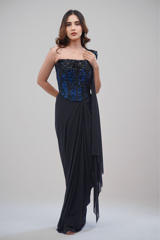 Black Corset Saree With Royal Blue Floral 3D Blouse