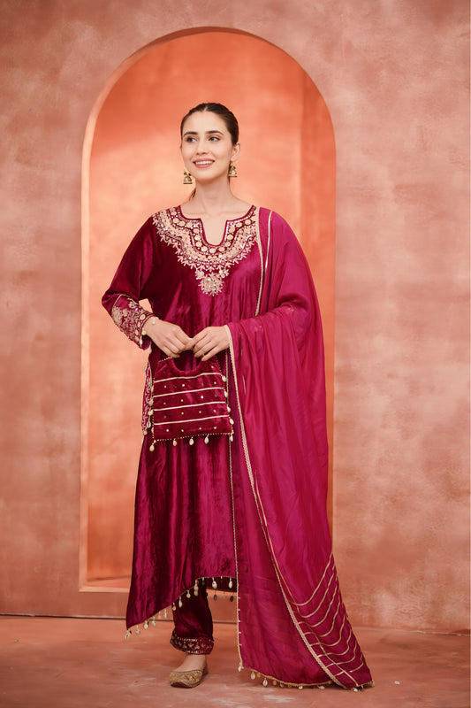 Pakistani velvet kurta set with dupatta and potli pouch