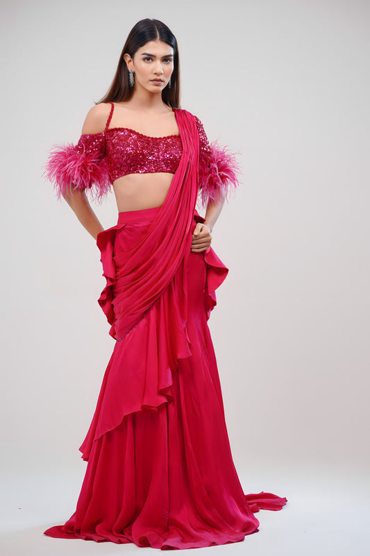 Fluorescent Pink Draped Saree With Sequined and Feathered Blouse