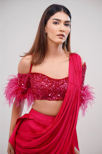 Fluorescent Pink Draped Saree With Sequined and Feathered Blouse