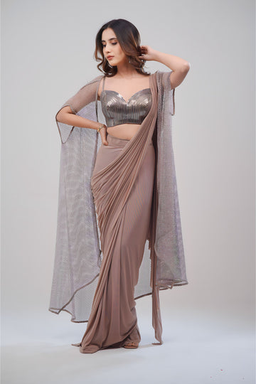 Lycra Draped Saree With Leather Stripped Top and Italian Net Cape