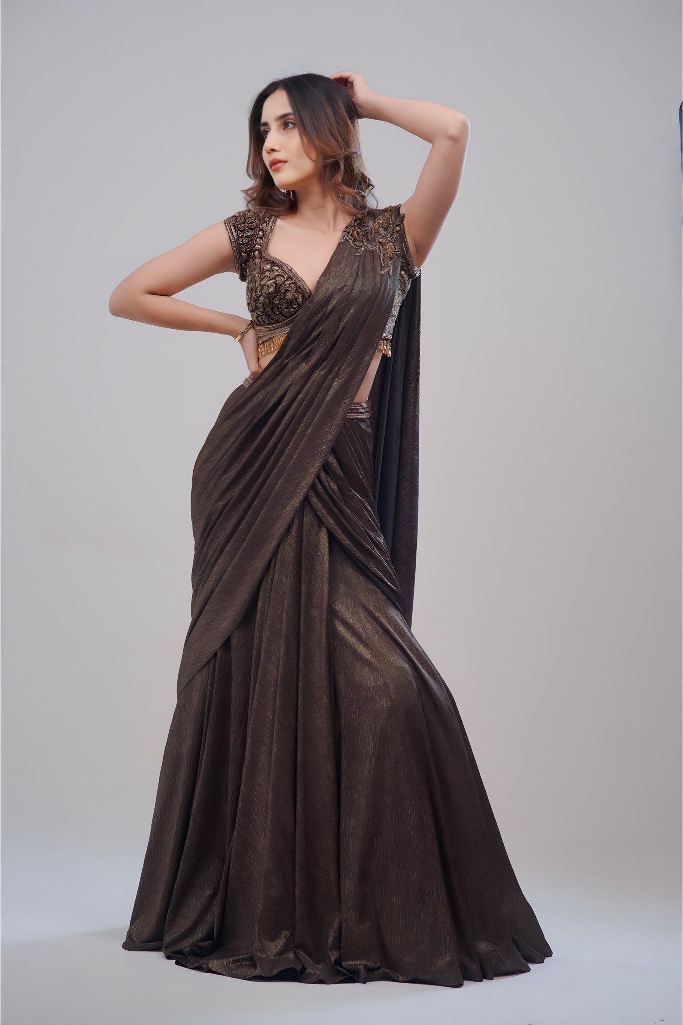 Golden Brown Lehenga Cum Saree With Strapy Top