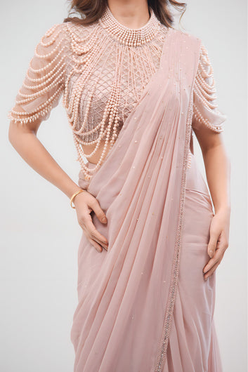 Georgette Drape Saree with Handcrafted Beaded Halter Neck  Blouse