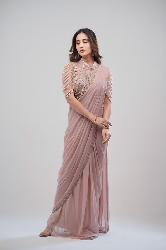 Georgette Drape Saree with Handcrafted Beaded Halter Neck  Blouse