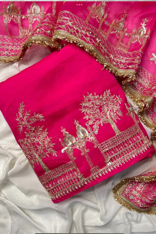 Rani Pink Unstitched Pakistani Suit Adorned with Golden Zari