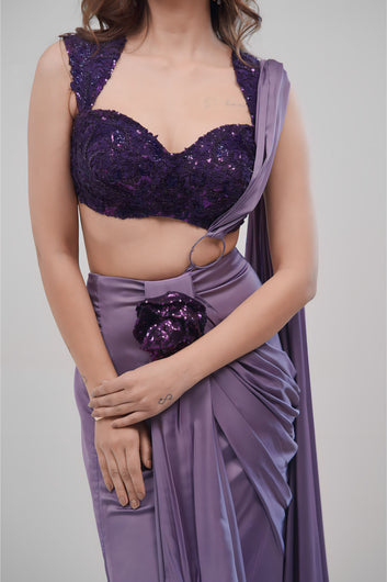 Purple Girly Saree With Strapy Blouse And Hand stitched Sequin Top