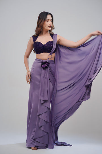 Purple Girly Saree With Strapy Blouse And Hand stitched Sequin Top