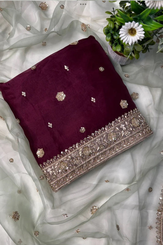 Bright Maroon Handcrafted Unstitched Suit with Contrasting Dupatta