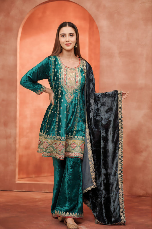 Exquisite Velvet Paplum Suit with Contrast Odhani